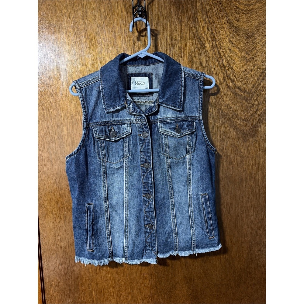 Mudd Denim Vest Womens Jean Sleeveless Button Front Distress Jacket Large Blue
